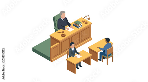 Isometric illustration of a courtroom scene with judge and lawyers