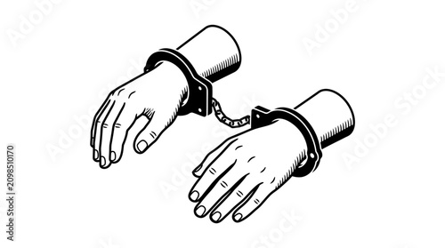 Foto Black and white illustration of hands bound in handcuffs