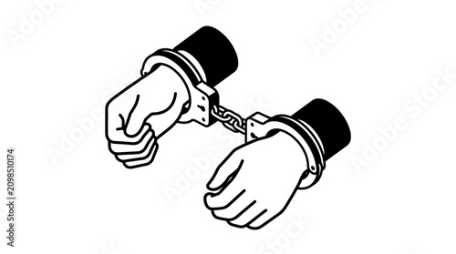 Isometric line art illustration of human hands in handcuffs