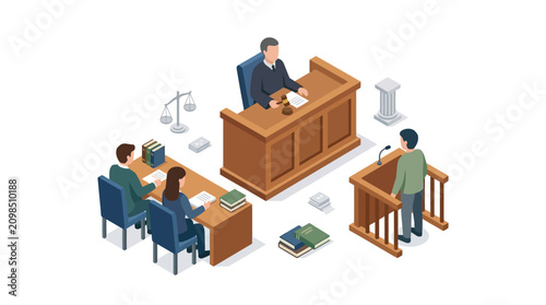 Tableau sur toile Isometric courtroom trial with judge lawyer and defendant illustration