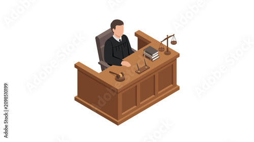 Isometric 3D Illustration of a Judge Sitting at a Bench