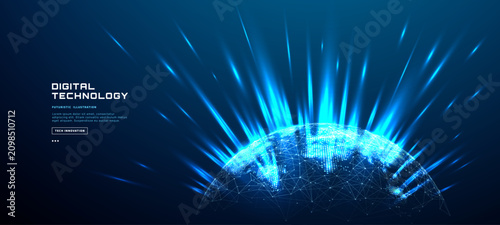 Futuristic technology blue globe with glowing digital light beams. Global network connection concept. Modern data flow tech background. Earth map in blue tech on dark bg. Vector illustration.