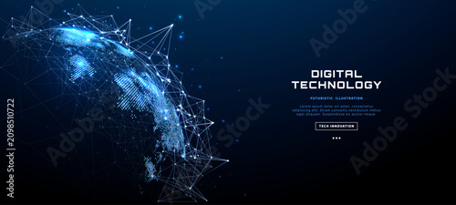 Digital network globe with connected dots and lines. Futuristic world map visualization in blue neon wireframe style. Global technology and data transfer concept. Tech bg. Vector illustration.