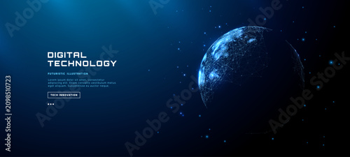 World map visualization shows connected globe with abstract network lines, illustrating global digital communication and data transfer across planet's surface.