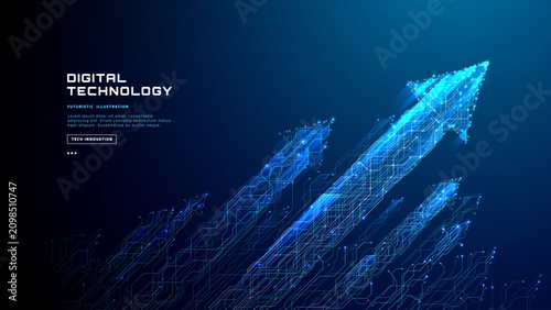 Glowing circuit pathways form ascending arrows in neon blue, representing financial progress and digital innovation with luminous dots across futuristic abstract design. Vector technology illustration