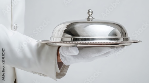 Close-up view of elegant male waiter s hand in white glove carrying a reflective stainless steel tray with food cover, isolated on clean white background emphasizing luxury service