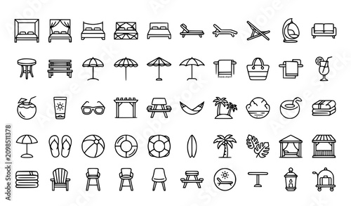 Obraz na płótnie Outdoor Lounge Chairs Chaises And Canopy Beds Outline Icon Set Editable Stroke V
