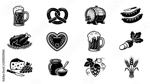 Oktoberfest Food and Beer Silhouette Icon Collection