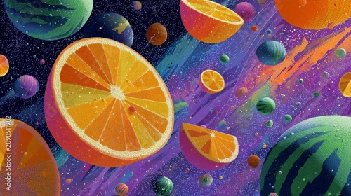 Vibrant cosmic abstract scene of a surreal fruit galaxy, where juicy citrus slices radiate like suns and watermelon spheres drift as planets, evoking a playful summer space fantasy