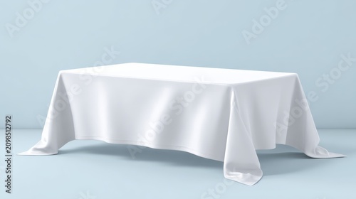 Minimalist vector illustration of a clean white tablecloth draped smoothly over a rectangular table, isolated on soft light background for mockup presentation