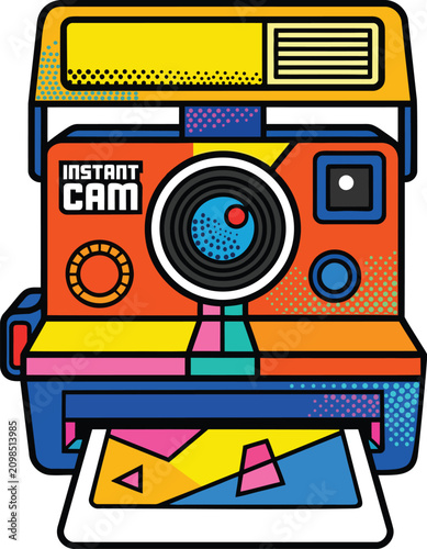 Vibrant pop instant camera with colorful geometric patterns and text instant cam
