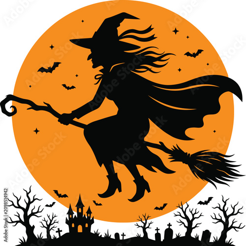 Schilderij op canvas Halloween flying witch silhouette vector illustration of a spooky sorceress on a