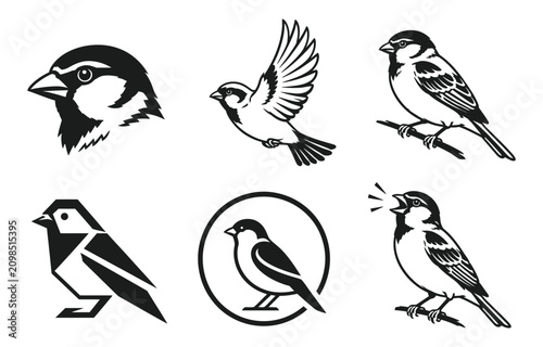 Set of sparrow bird icons in various styles as vector graphics isolated on white background