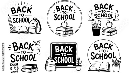 Back to school hand lettering set vector education icon collection with backpack pencil book chalkboard and alarm clock for banner poster and classroom design