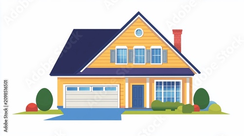 Suburban house, garage, yard, sunny day, illustration, real estate