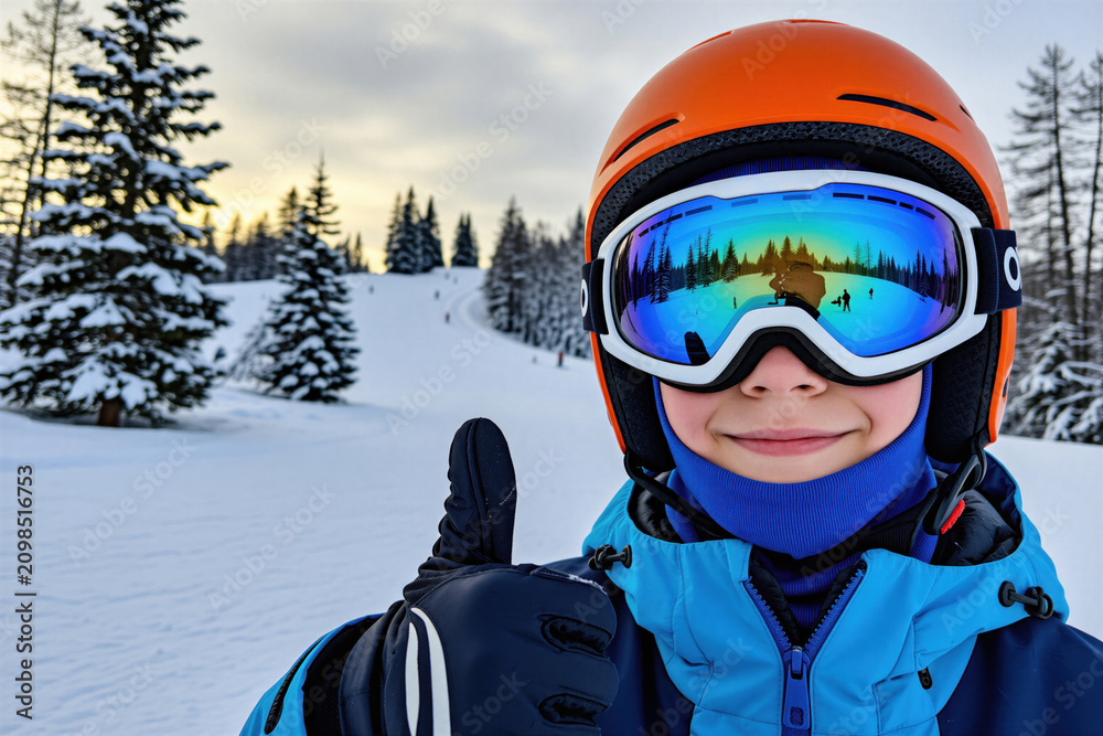 Naklejka premium Teenager with orange helmet, goggles shows thumb up on mountain ski slope. Happy child enjoys winter sport activity in snowy resort. Young person wears safety equipment outdoors. Smiling kid rides