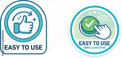 Easy to use badge icon collection with thumbs‑up and checkmark button designs, simple intuitive user interface and accessibility concept flat vector illustration