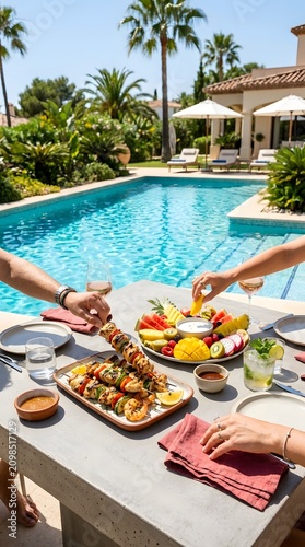 Friends enjoying a summer barbecue lunch by the poolside of a luxury villa.