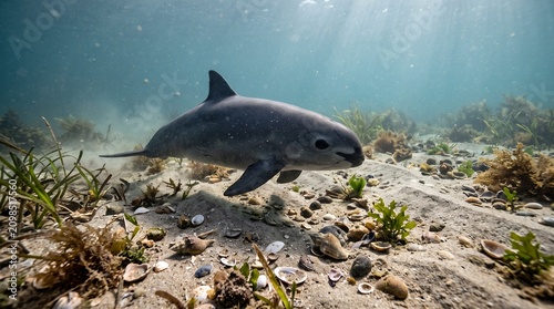 Vaquita swimming close to sandy seabed with scattered shells and marine plants, realistic underwater ecosystem