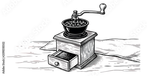 Cuadro en lienzo Vintage coffee grinder vector illustration, antique manual coffee mill with bean