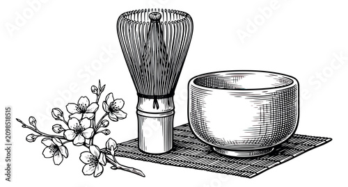 Vintage matcha tea ceremony set with bamboo whisk and ceramic bowl. Hand drawn engraving of Japanese tea tools and cherry blossoms. Traditional tea culture vector.