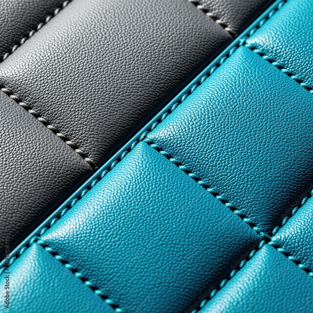 Obraz premium Close up view of luxury vegan leather surface with grey, blue geometric stitching. Synthetic textile material shows detailed grain pattern, soft texture. Modern interior design element features