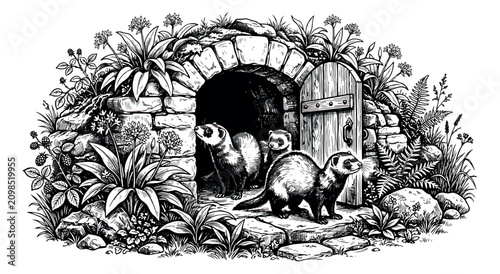 Canvastavla Vintage woodcut illustration of ferrets at a stone burrow entrance, whimsical po