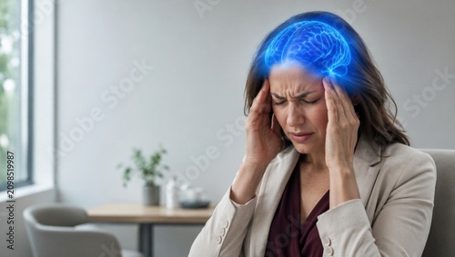 Woman suffering from migraine touching head with glowing blue brain hologram. Medical concept of headache, stress, neurological pain, and brain disorder. Health technology visualization.