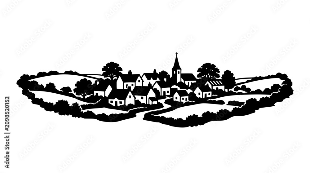 Obraz premium Minimalist rural village landscape silhouette with houses and church spire