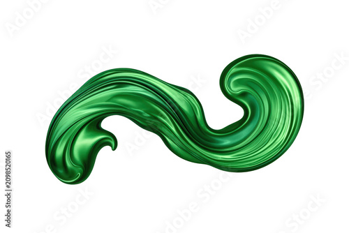Flowing emerald green abstract paint or fluid creating a glossy wavy pattern on transparent background