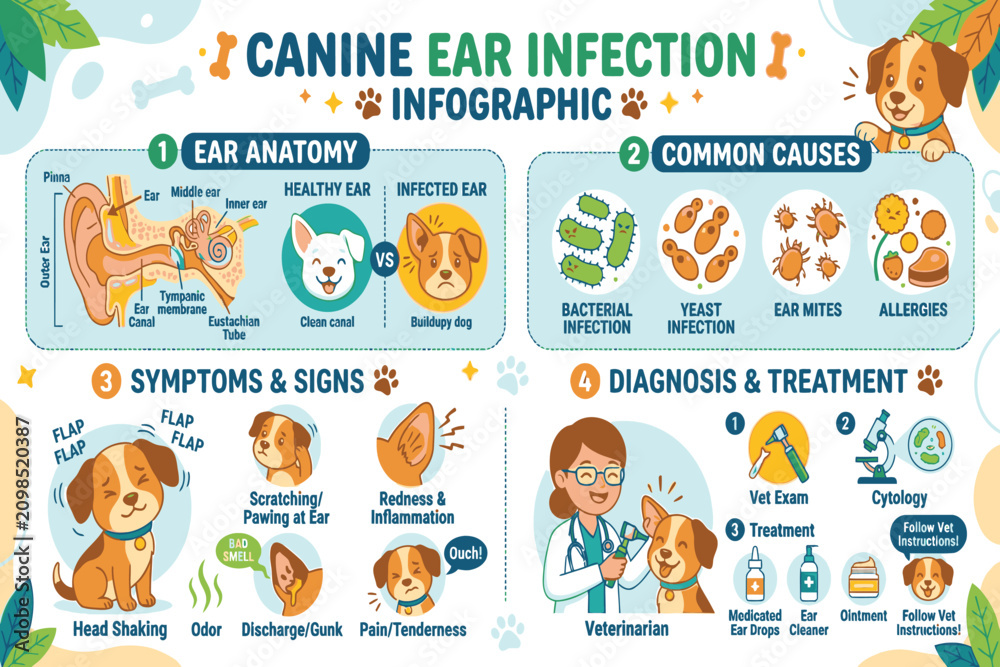 Fototapeta premium Veterinary canine ear infection infographic showing inflammation stages, microbial causes, treatments, recovery, and preventive healthcare education