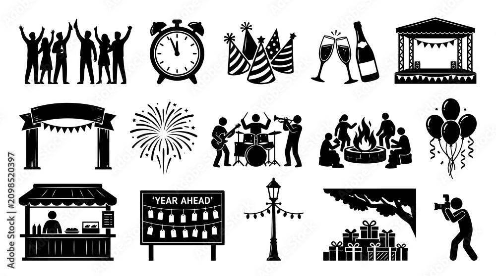 Fototapeta premium New Year Celebration Event Party Holiday Glyph Icon Set - Black and White Silhouette Collection