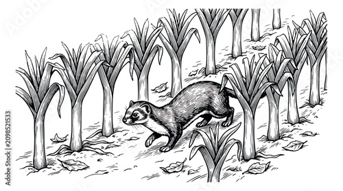 Tableau sur toile Vintage woodcut ferret walking through leek field, hand drawn polecat in vegetab