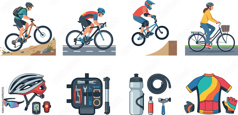 Obraz premium Set of Cycling Icons Featuring Cyclists Riding Bikes and Essential Biking Equipment and Gear