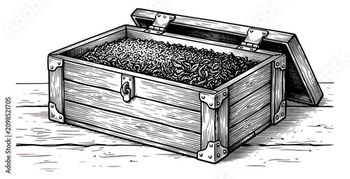 Bilde på lerret Vintage treasure chest vector illustration, antique wooden trunk with metal hard