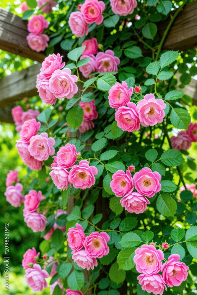Fototapeta premium Pink roses bloom abundantly on a garden pergola. Rich green leaves surround delicate flowers climbing wooden structure. Summer garden beauty, natural floral decoration.