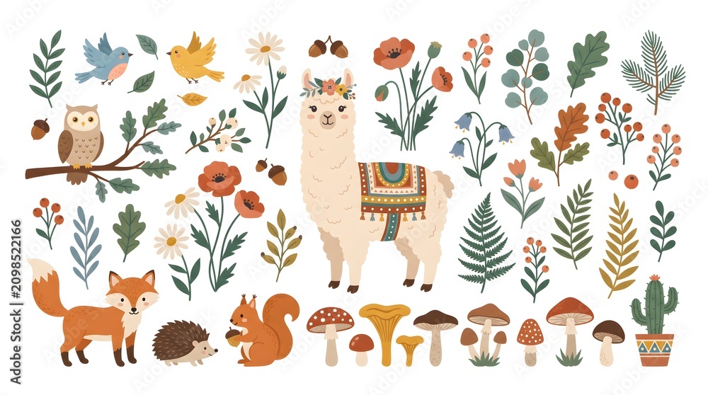 Naklejka premium Cute woodland animals vector set with deer, fox, owl, squirrel. Whimsical forest creatures and floral elements illustration for design, stickers, and patterns. Flat folk art style.