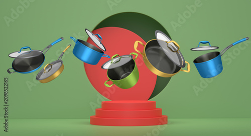 Set of kitchen cookware set with lids floating in midair, over colorfull podium and backdrop, concept of premium utensils