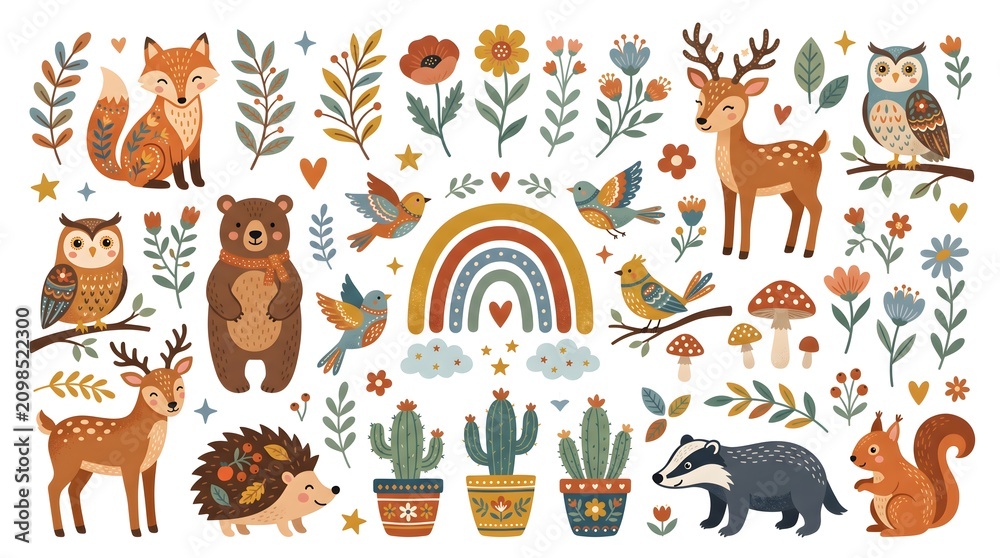 Fototapeta premium Cute woodland animals vector set with deer, fox, owl, squirrel. Whimsical forest creatures and floral elements illustration for design, stickers, and patterns. Flat folk art style.