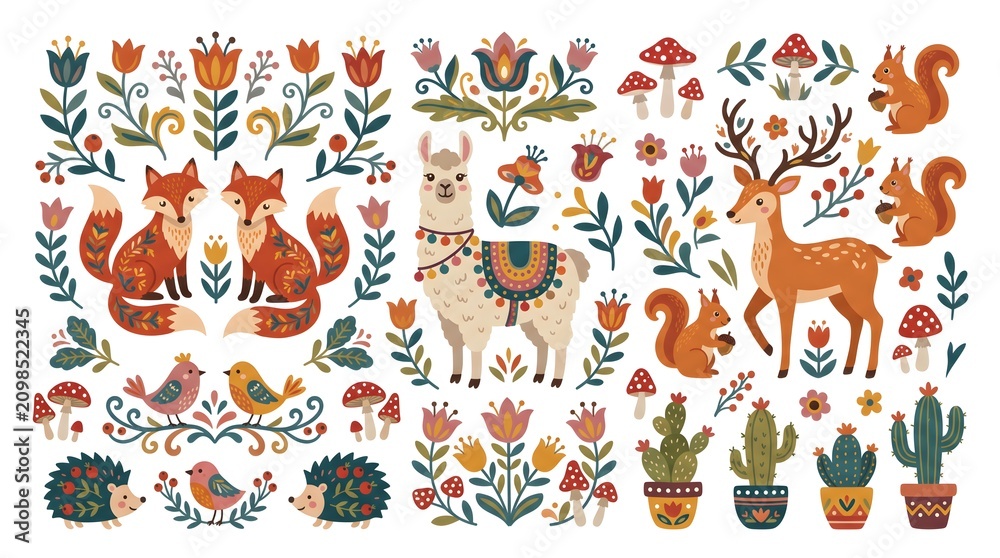 Obraz premium Cute woodland animals vector set with deer, fox, owl, squirrel. Whimsical forest creatures and floral elements illustration for design, stickers, and patterns. Flat folk art style.