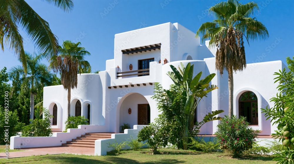 Fototapeta premium Growth opportunity in hybrid work lifestyle at this serene Mediterranean villa with lush tropical landscaping and bright natural light