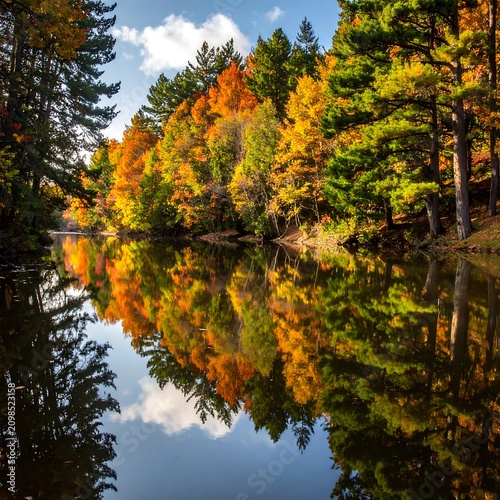 Vibrant autumn forest reflected in calm water under a blue sky