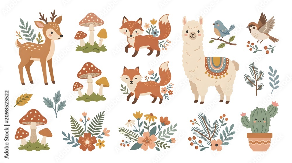 Fototapeta premium Cute woodland animals vector illustration. Folk art style featuring deer, fox, owl, llama, squirrel, forest flowers, and nature elements for creative design and decorative patterns.