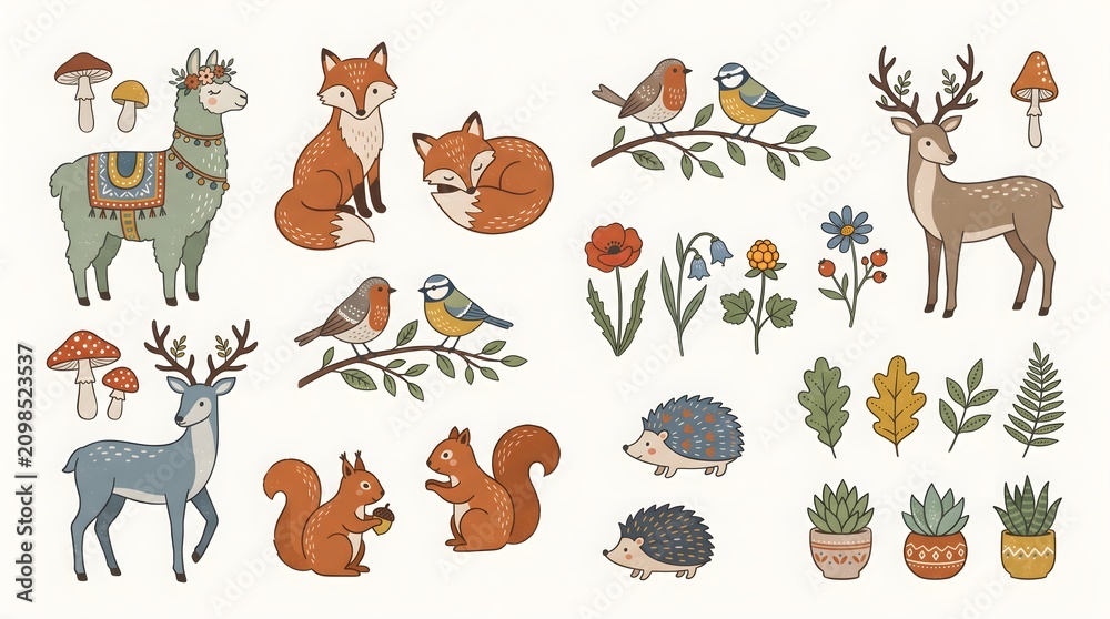 Naklejka premium Cute woodland animals vector illustration. Folk art style featuring deer, fox, owl, llama, squirrel, forest flowers, and nature elements for creative design and decorative patterns.