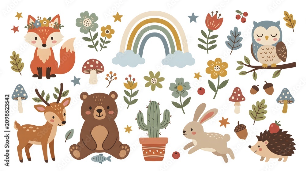 Fototapeta premium Cute woodland animals vector illustration. Folk art style featuring deer, fox, owl, llama, squirrel, forest flowers, and nature elements for creative design and decorative patterns.