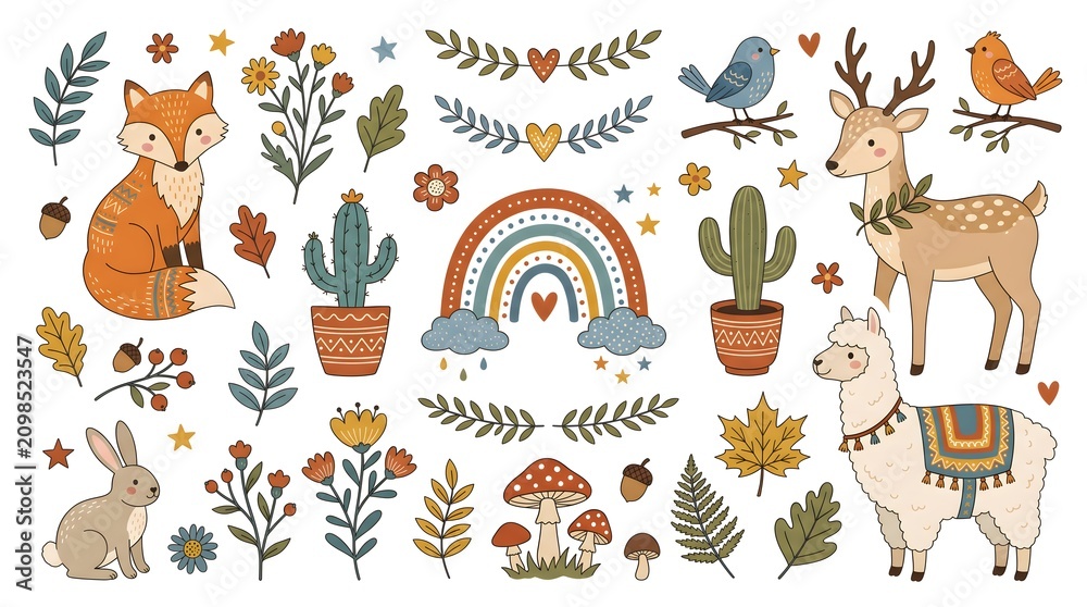 Obraz premium Cute woodland animals vector illustration. Folk art style featuring deer, fox, owl, llama, squirrel, forest flowers, and nature elements for creative design and decorative patterns.