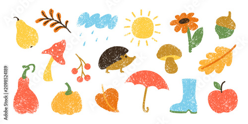 Set of hand drawn autumn, fall leaves, mushrooms, nature elements with charcoal grunge texture. Cute kids drawings. Sun, clouds, rain, fruits, pumpkins. 