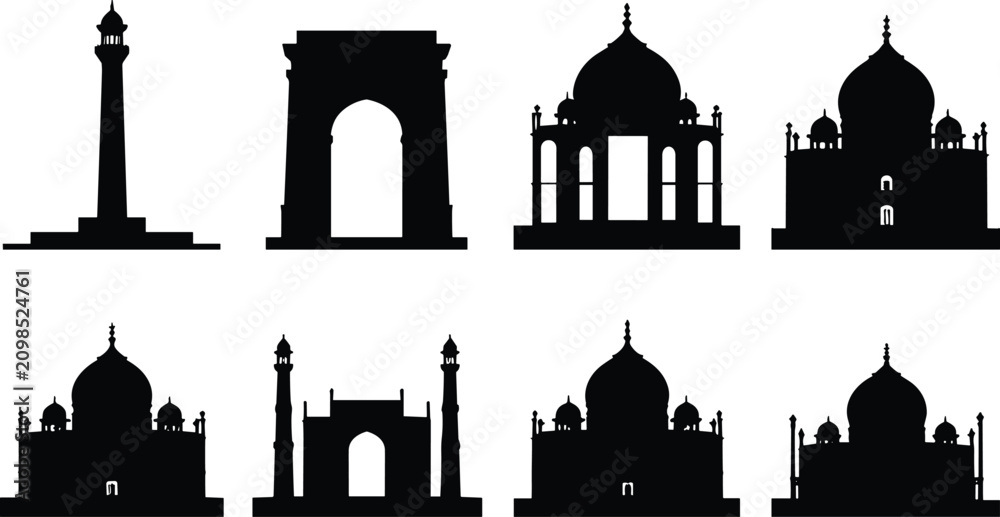 Fototapeta premium Indian Landmark and Monument Silhouette Collection Vector Icon Set