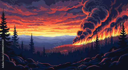 Фотография Wildfire Forest Disaster Vector Illustration Design Showing Intense Flames Consu