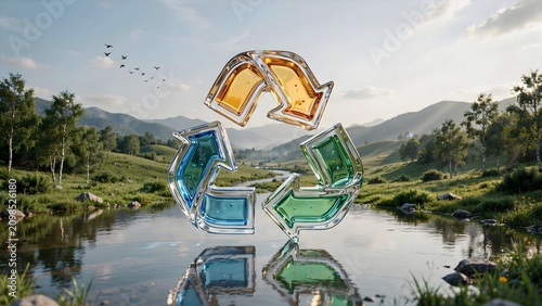 Translucent glass recycling arrows in natural landscape - Ideal for environmental preservation, green tourism, or sustainable development.